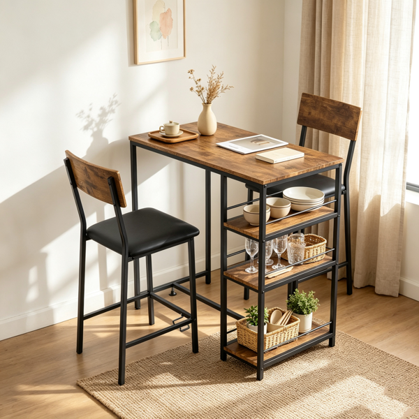 Bar Table And Stool Set 1 Table 2 Stools, Brown Wood Grain MDF Tabletop & Gold Metal Frame, Padded Seat, Side Storage Shelf, Easy Assembly Bar Dining Set Brown Wood Grain