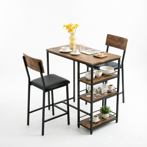 Bar Table And Stool Set 1 Table 2 Stools, Brown Wood Grain MDF Tabletop & Gold Metal Frame, Padded Seat, Side Storage Shelf, Easy Assembly Bar Dining Set Brown Wood Grain