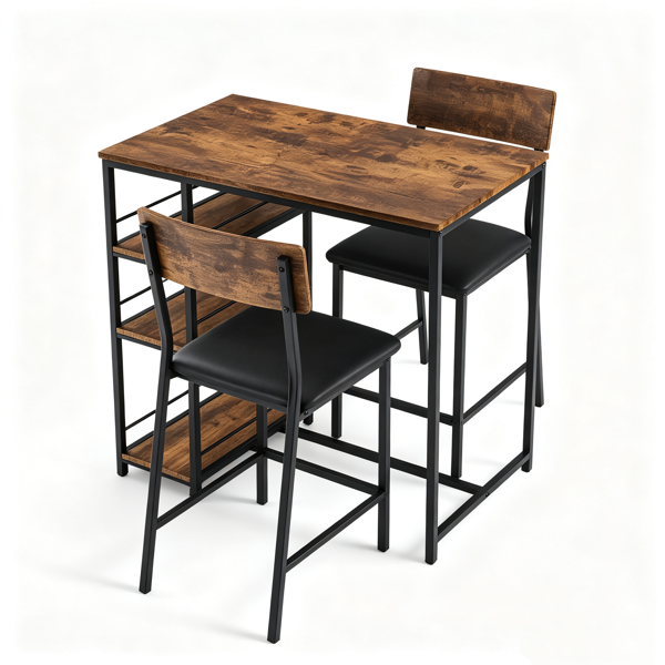 Bar Table And Stool Set 1 Table 2 Stools, Brown Wood Grain MDF Tabletop & Gold Metal Frame, Padded Seat, Side Storage Shelf, Easy Assembly Bar Dining Set Brown Wood Grain