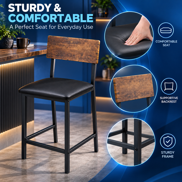 Bar Table And Stool Set 1 Table 2 Stools, Brown Wood Grain MDF Tabletop & Gold Metal Frame, Padded Seat, Side Storage Shelf, Easy Assembly Bar Dining Set Brown Wood Grain