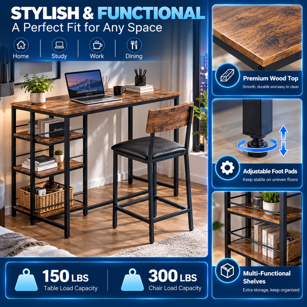 Bar Table And Stool Set 1 Table 2 Stools, Brown Wood Grain MDF Tabletop & Gold Metal Frame, Padded Seat, Side Storage Shelf, Easy Assembly Bar Dining Set Brown Wood Grain