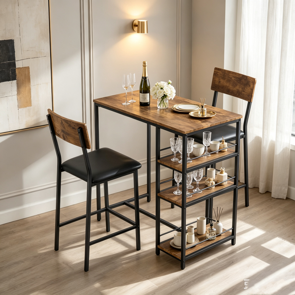 Bar Table And Stool Set 1 Table 2 Stools, Brown Wood Grain MDF Tabletop & Gold Metal Frame, Padded Seat, Side Storage Shelf, Easy Assembly Bar Dining Set Brown Wood Grain