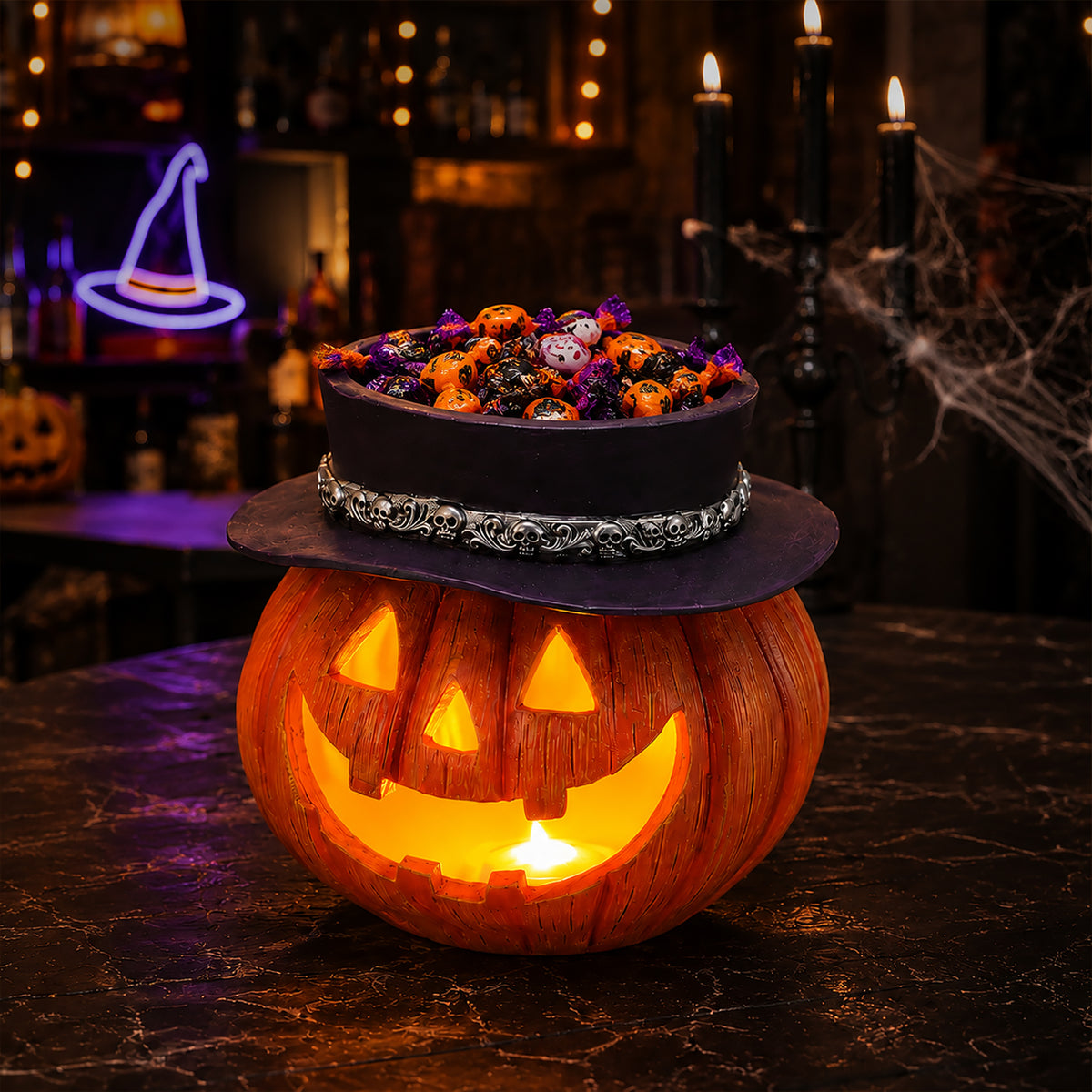 Halloween Pumpkin Candy Bowl with Witch Hat, Light Up Jack O Lantern Decoration, Spooky Tabletop Storage Container for Home Party Decor