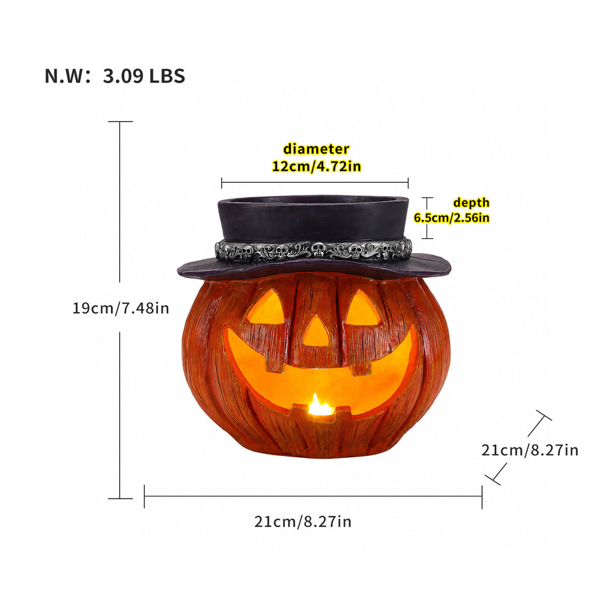 Halloween Pumpkin Candy Bowl with Witch Hat, Light Up Jack O Lantern Decoration, Spooky Tabletop Storage Container for Home Party Decor
