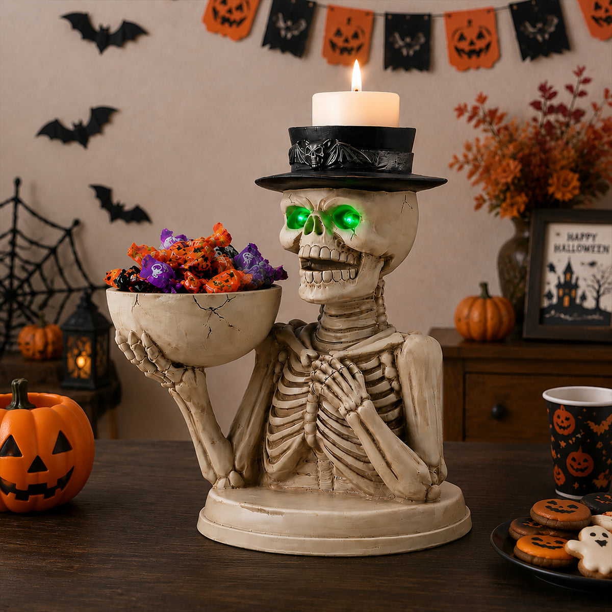 Halloween Skeleton Figurine with Storage Bowl & Candle Holder, Spooky Halloween Decor for Indoor Home