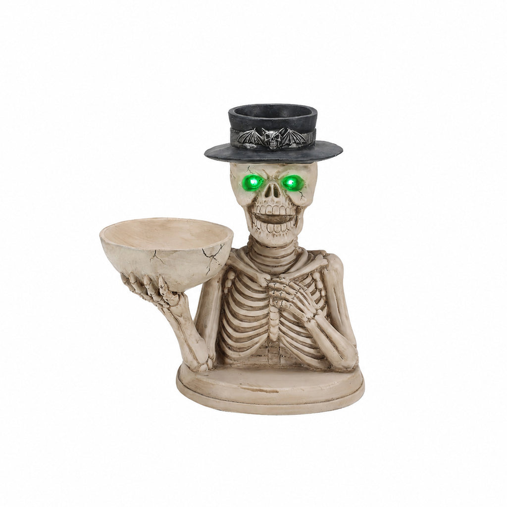 Halloween Skeleton Figurine with Storage Bowl & Candle Holder, Spooky Halloween Decor for Indoor Home