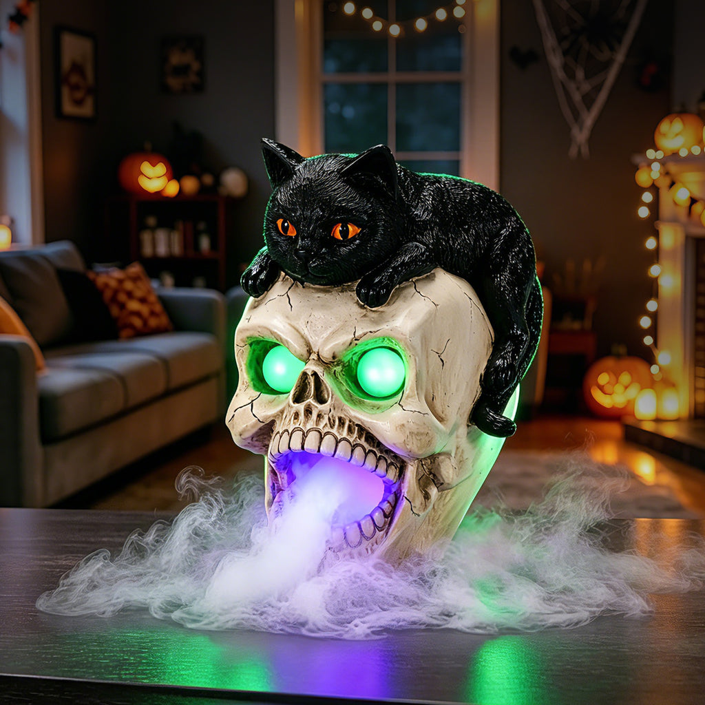 Halloween Black Cat Skull Statue with LED Light, Fog Smoke Effect Resin Decor