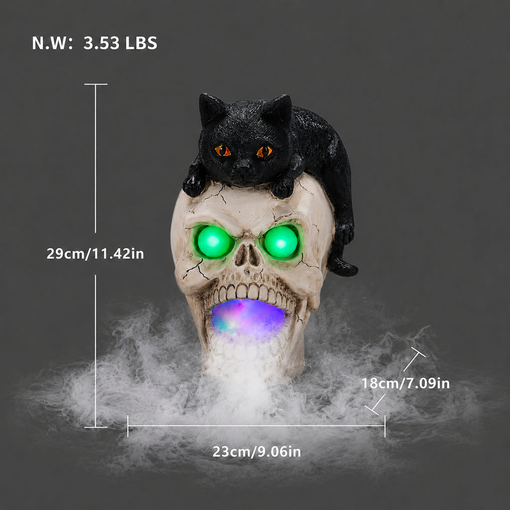 Halloween Black Cat Skull Statue with LED Light, Fog Smoke Effect Resin Decor