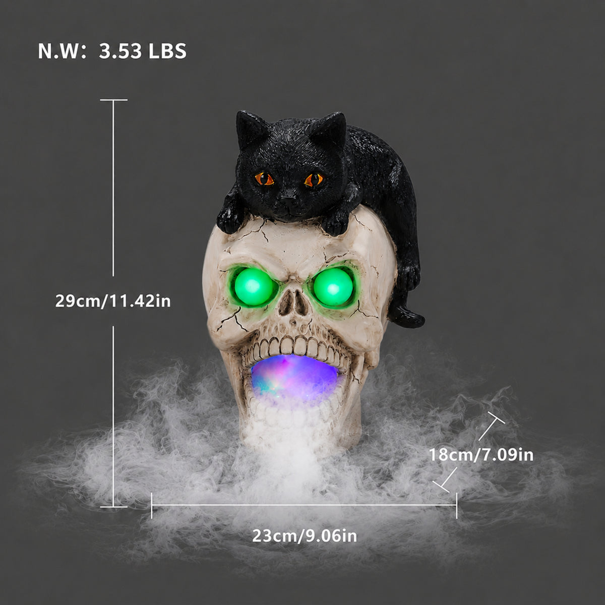 Halloween Black Cat Skull Statue with LED Light, Fog Smoke Effect Resin Decor