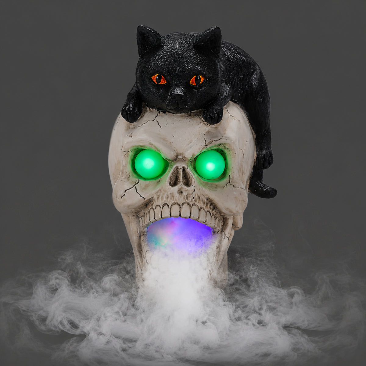 Halloween Black Cat Skull Statue with LED Light, Fog Smoke Effect Resin Decor
