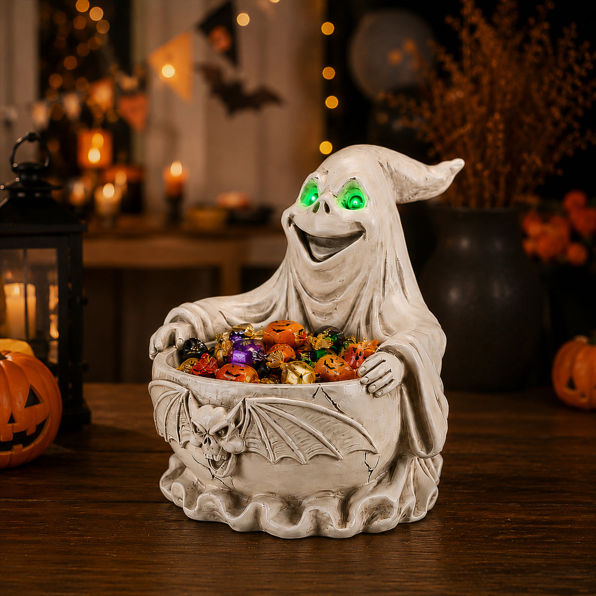 Halloween Ghost Storage Bowl Figurine, Spooky Candy Dish with LED Light for Halloween Party