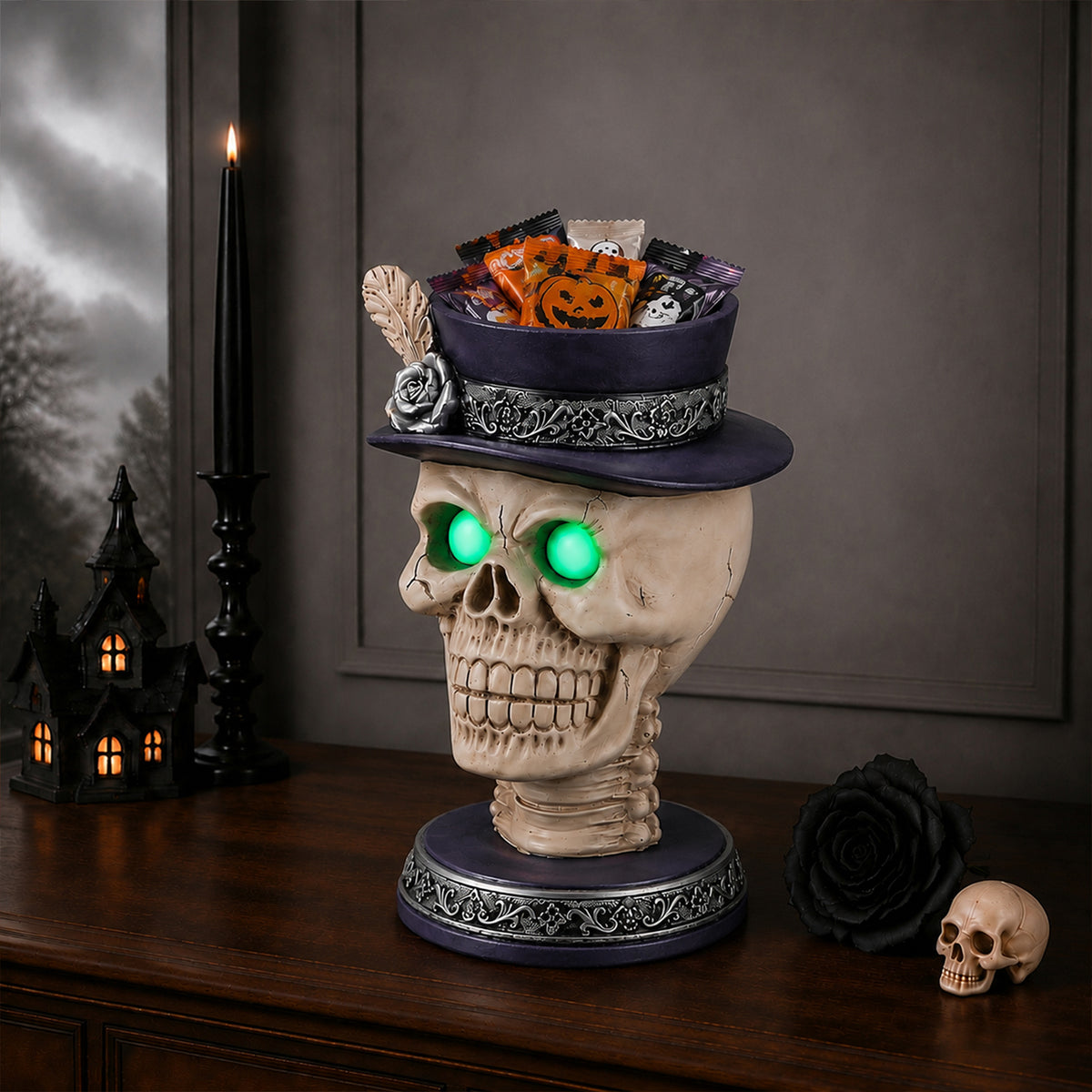 Halloween Skull Candle Holder with Glowing Green Eyes, Gothic Skeleton Head Statue with Feather Top Hat, Spooky Tabletop Decor