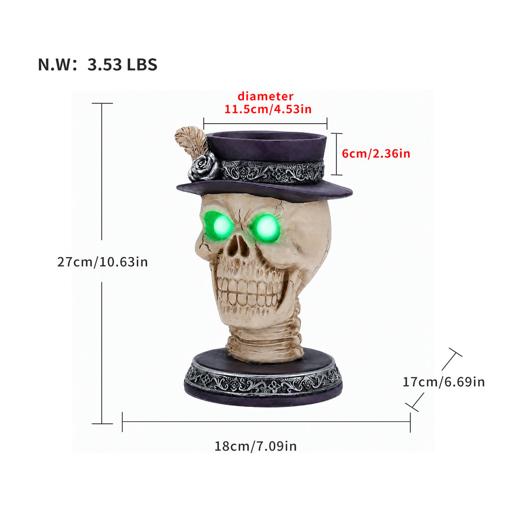 Halloween Skull Candle Holder with Glowing Green Eyes, Gothic Skeleton Head Statue with Feather Top Hat, Spooky Tabletop Decor