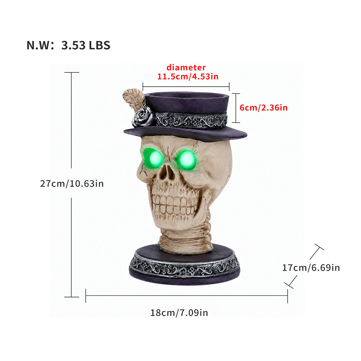 Halloween Skull Candle Holder with Glowing Green Eyes, Gothic Skeleton Head Statue with Feather Top Hat, Spooky Tabletop Decor