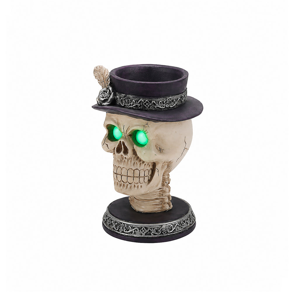 Halloween Skull Candle Holder with Glowing Green Eyes, Gothic Skeleton Head Statue with Feather Top Hat, Spooky Tabletop Decor