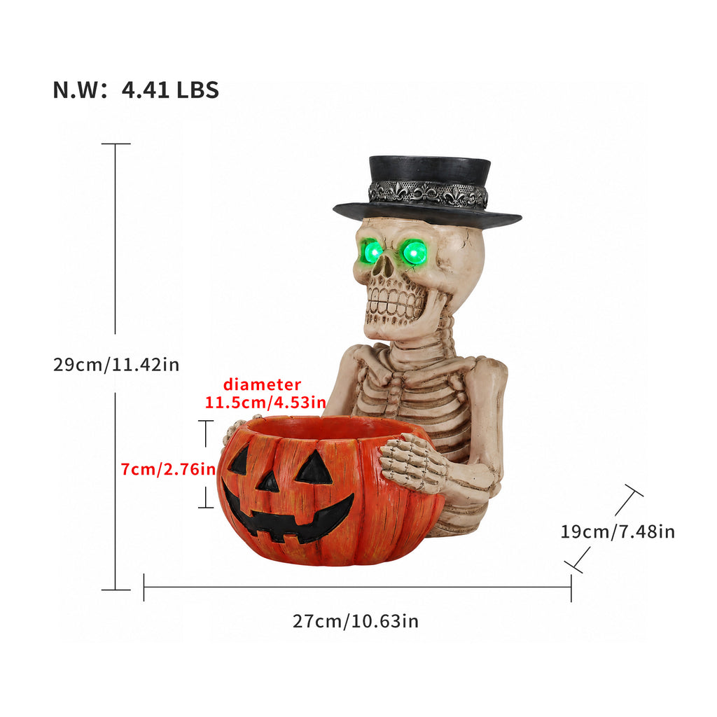 Halloween Skeleton Figurine with Pumpkin Candy Bowl & Candle Holder, Spooky Table Decor for Halloween