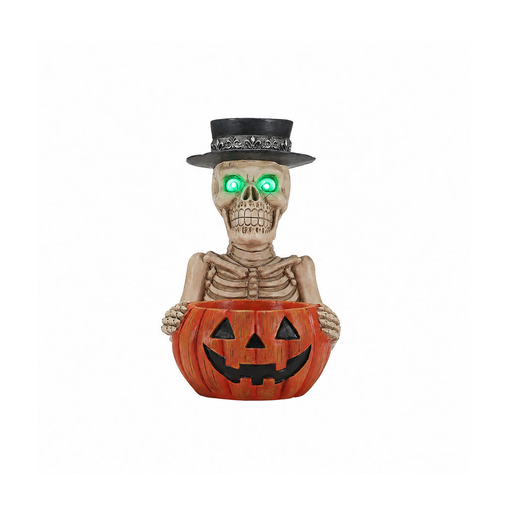 Halloween Skeleton Figurine with Pumpkin Candy Bowl & Candle Holder, Spooky Table Decor for Halloween