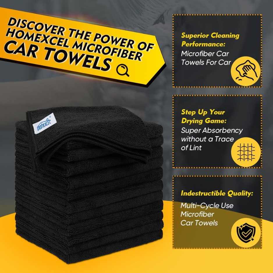 Black Microfiber Cleaning Cloths 12 Units, 12.5x12.5 Inch Absorbent Lint Free Towels For Car, Kitchen, Windows And Home